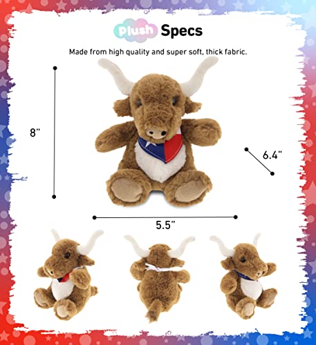 DolliBu Texas Longhorn Stuffed Animal - Cute Playtime Farm Animal Plush Toy with Texas Flag Bandana, Soft and Huggable Texas Longhorn Cowboy Toy for Kids and Adults - 8 Inches