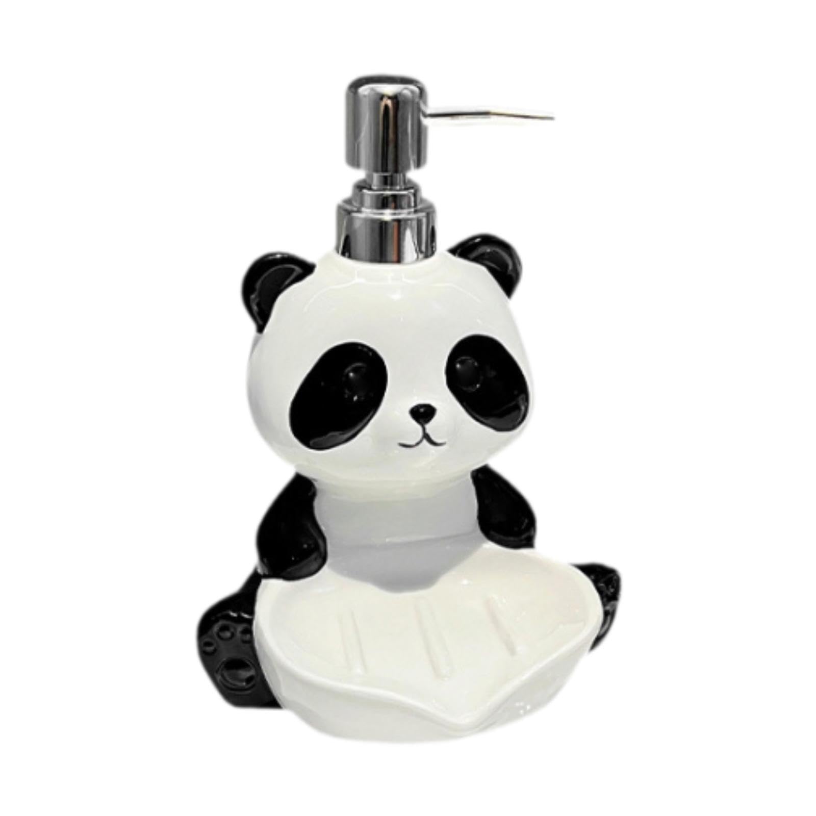 LOVIVER Distributore di Sapone a Forma di Panda Carino, distributore di Sapone Liquido in Ceramica da 380 ml con portasapone, flacone di lozione Multiuso