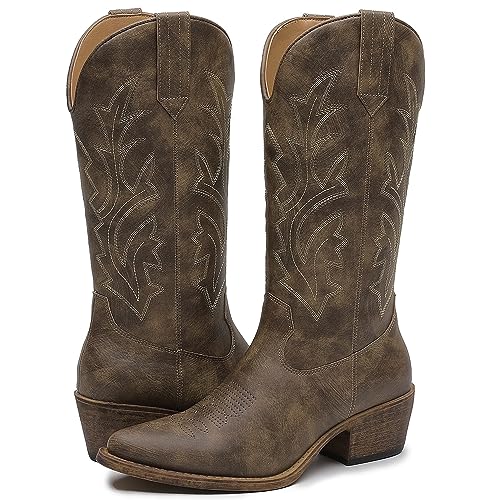Image of GLOBALWIN Women's Mid Calf Western Cowboy Boots Cowgirl Boots for Women with Floral Embroidery Side Zipper Chunky Heel