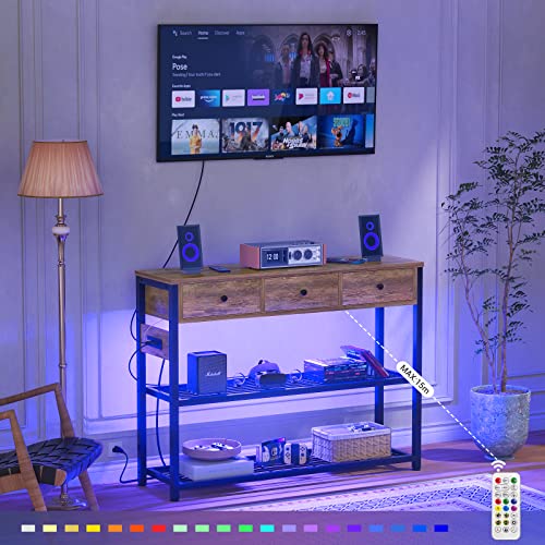Console Table For Entryway With Power Strip, Entryway Table With Rgb Led Lights, Entry Table With Storage Drawers, Sofa Tables Narrow Long For Living Room, Couch, Hallway, Foyer, 47'', Rustic Brown #TOP3