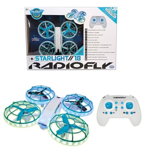 Radiofly Starlight // 18 RC 2,4 GHz, Maße 17 x 17 x 4,8 cm, 8 Funktionen, Stoppoposition, unterstütztes Starten/Landen, 3 Geschwindigkeitsstufen, Flip 360 LED-Lichter in den 4 Rotoren