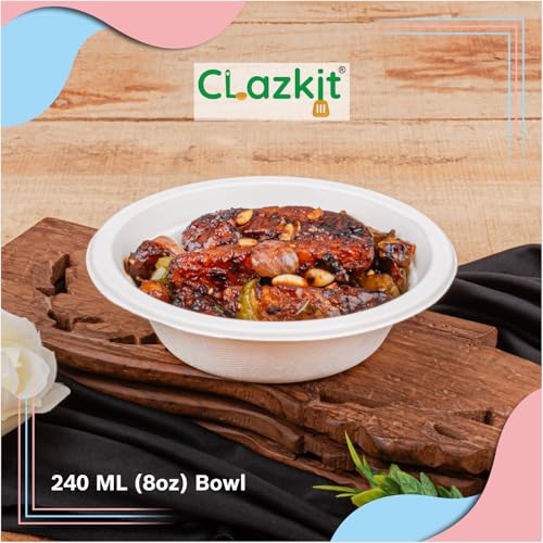 Image of Clazkit 240 Ml, 50-Pack Round Compostable Bagasse Bowls | Disposable Eco-Friendly Biodegradable Dinner | Party, Wedding, Event