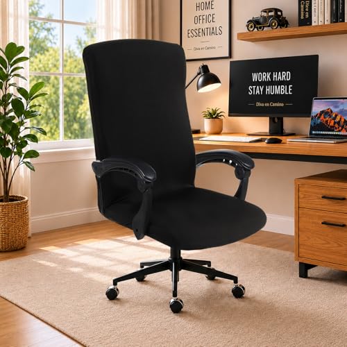 Image of Water Resistant Office Chair Cover with Durable Zipper - Stretchable Universal Computer Chair Covering - Smooth Soft Polyester Slipcovers for Rotating Boss Chair, Desk Chair, High Back Chair (Black)