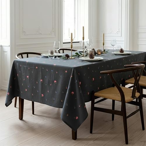 Image of Embroidered Cotton Tablecloth, Twilight Buds, 60 x 90 in | Premium heavyweight chambray cotton, all-over embroidery, 6-seater rectangle, machine washable, elegant dining and hosting