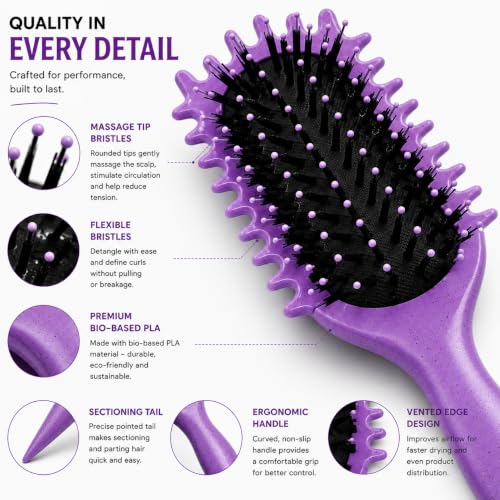 Image of Combelle 5-in-1 Curl Hair Brush | Vegan Boar Bristles | Bio-Based PLA Handle | Detangling, Defining & Frizz Control for Curly & Wavy Hair | For Men & Women - Purple
