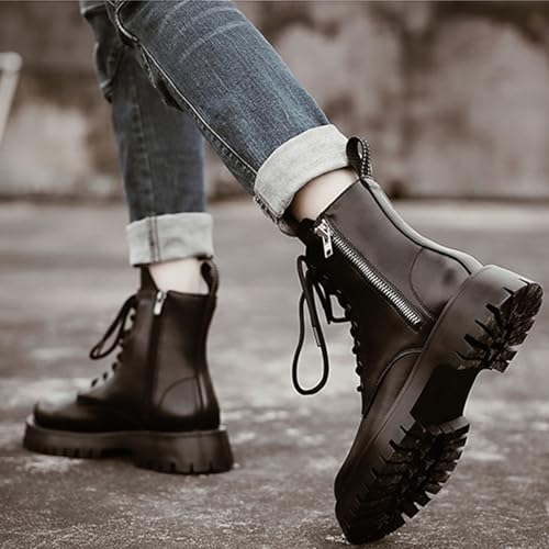 Men's Black Leather Platform Lace-up Combat Boots Retro Round Toe Side Zip Chunky Heel Non-Slip Lug Sole High Top Motorcycle Boots4