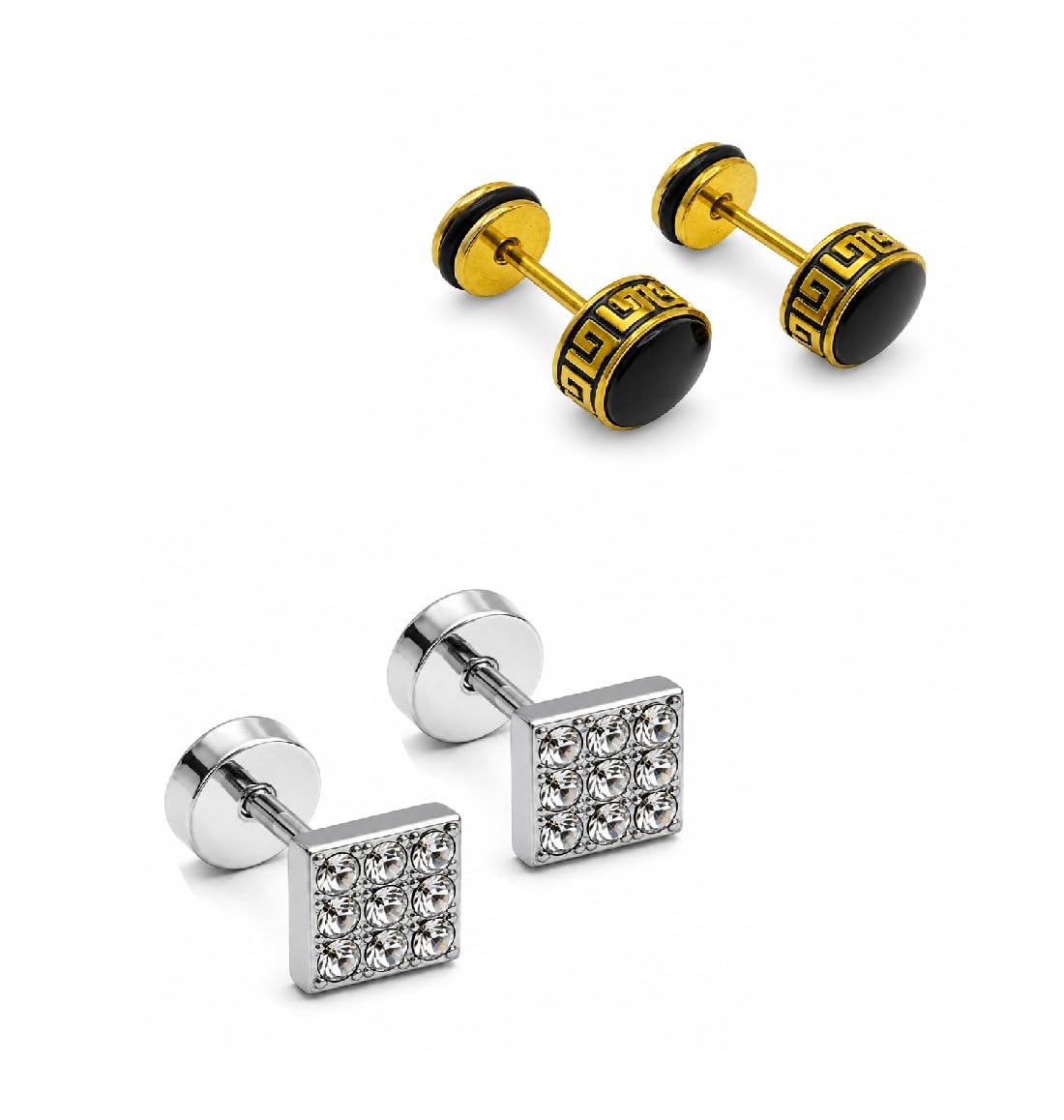 adhvik Combo of Men Silver Square & Golden Round Black Bali Pairs Ear Earrings Premium Finish Lightweight Stylish Casual Wear-picture-38