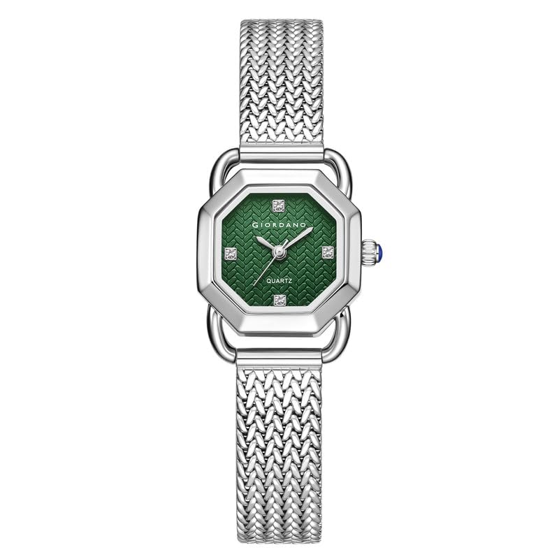 Image of Giordano Analog Quartz Watch for Women with Octagonal Textured Dial, Crystal Hours Markers, Blue Crown and Mesh Metal Strap
