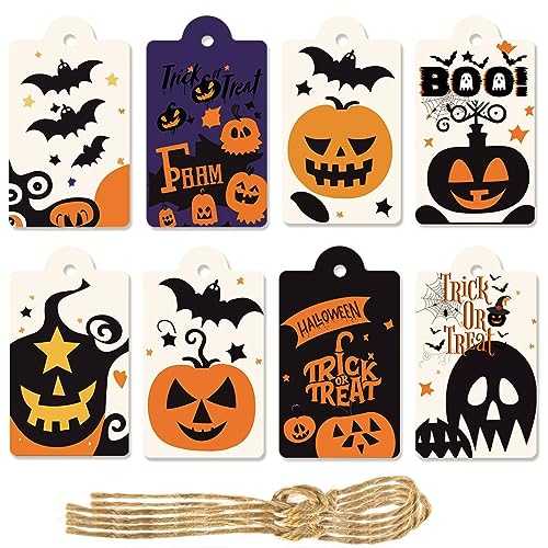 runrayay 80Pcs Halloween Tags with String Pumpkin Monster Ghost Face Paper Tags Holiday Hanging Labels for DIY Gift Wrapping Halloween, 8 Designs with 80Pcs Twine