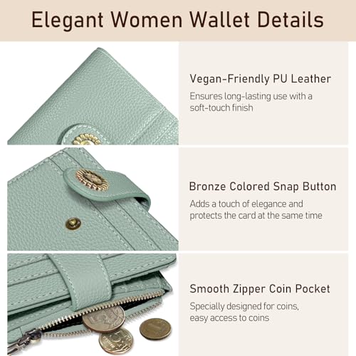 Image of Kelvoris Small Rfid Women Wallet Bifold Zipper Coin Pocket PU Leather Compact Cash Credit Card Holder Travel Wallet for Female Ladies Teen Girls 1 ID Window 10 Card Slots Sage Green
