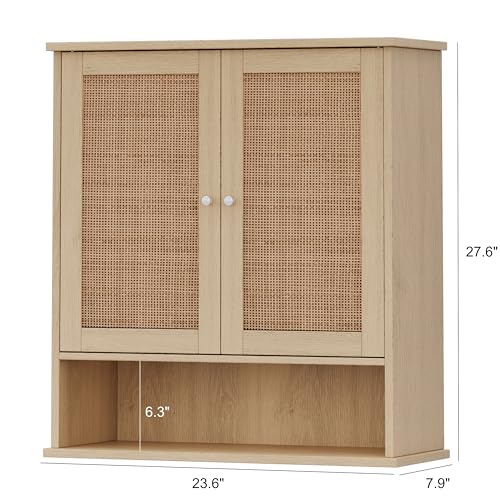 Reettic Rattan Two Door Wall Cabinet, Wooden Medicine Cabinet, Wall Mounted Bathroom Storage Cabinet with Inner Adjustable Shelf, for Bathroom, Kitchen, Entryway, Natural BMGZ103M - Image 4