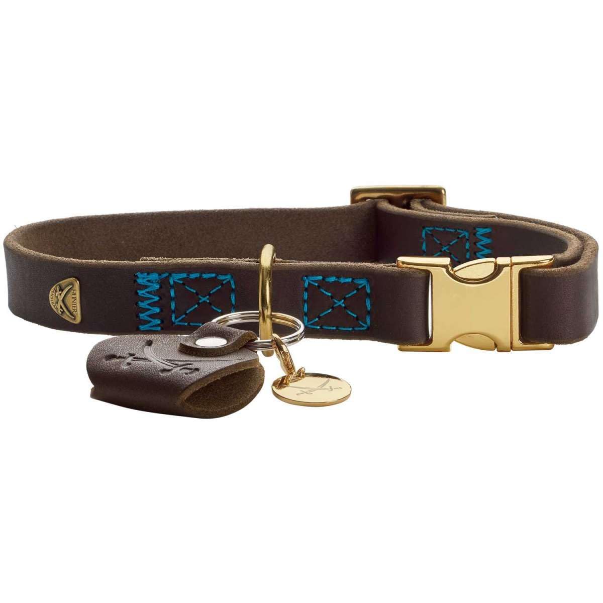 HUNTER Sansibar Dog Collar Colour: Dark Brown, Elegant Cowhide Leather, Maritime Details, Blue Decorative Stitching - Image 2