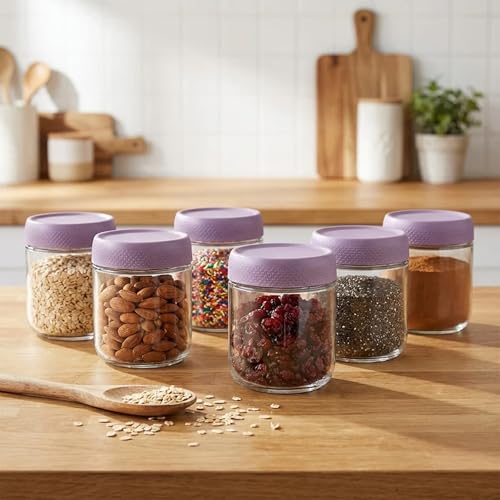 Image of Rioware Storage Glass Jar, Set of 6, 350 ml Each, Transparent, BPA Free, Storage Jar, Kitchen Organizer Modular, Multipurpose Cookies Jar,Purple