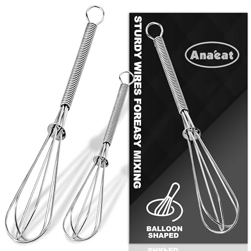 Anaeat Small Wire Whisk Set of 2, Portable Stainless Steel Kitchen Tiny Whisk & Egg Beater with Thick Wire - Sturdy Mini Mixing Balloon for Cooking, Blending, Whiping, Beating and Stirring (6