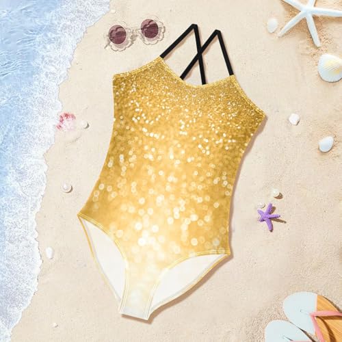 Sparkle Gold Glitter Girls One Piece Swimsuit Beach Swimwear Quick Dry Kids Bathing Suits 9-10T2