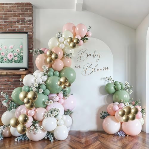 Image of Baby in Bloom Balloon Arch Kit, 134Pcs Dusty Sage Green and Pastel Pale Pink Cream White Beige Light Gold Floral Balloon Garland for Girls Boho Baby Shower Flower Birthday Garden Tea Party Decorations