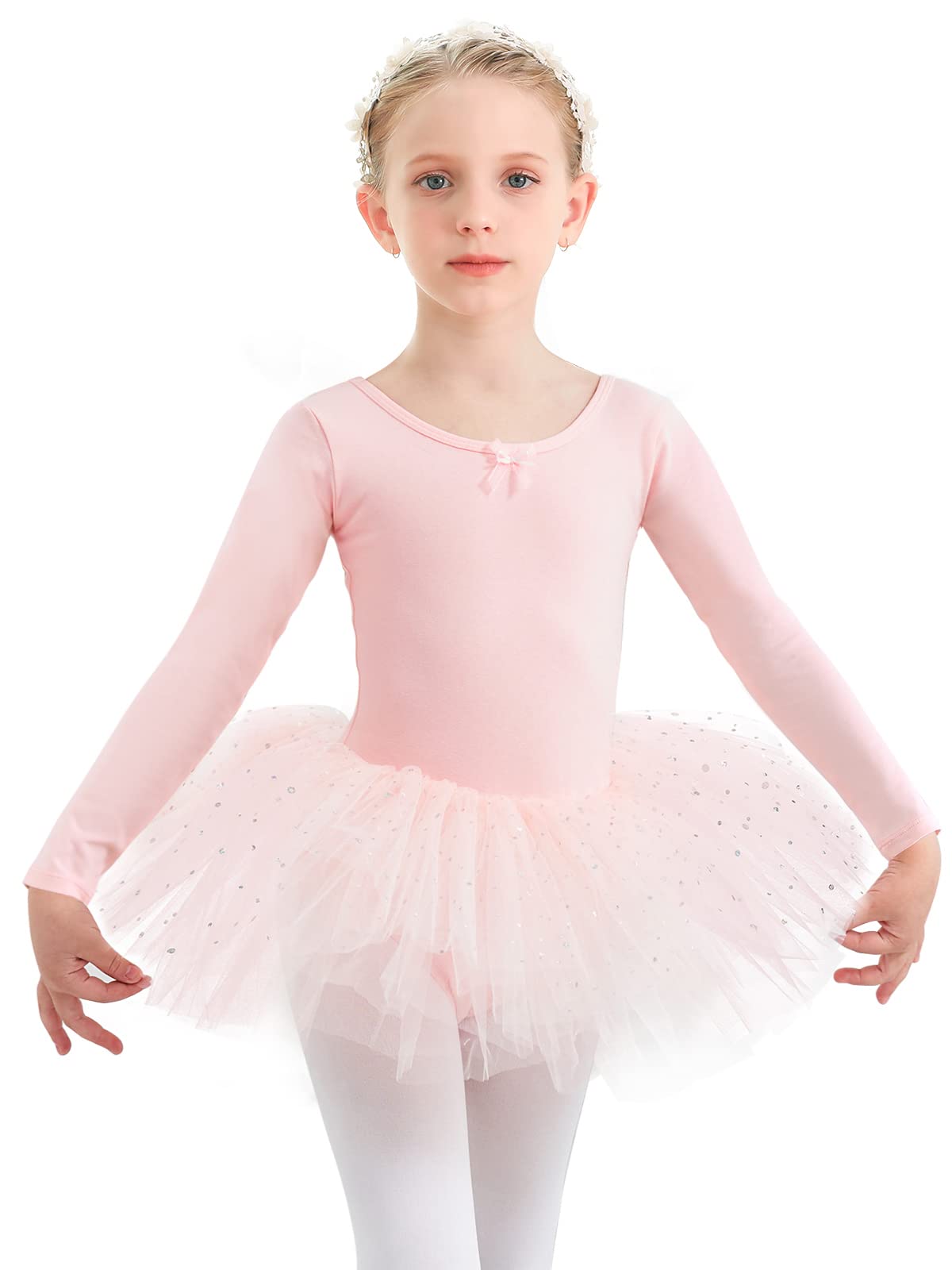 GorchncBallet Leotards for Girls Toddler Long Sleeve Dance Leotard with Tutu Skirt Pink Dance Outfit Glitter Ballet Dress
