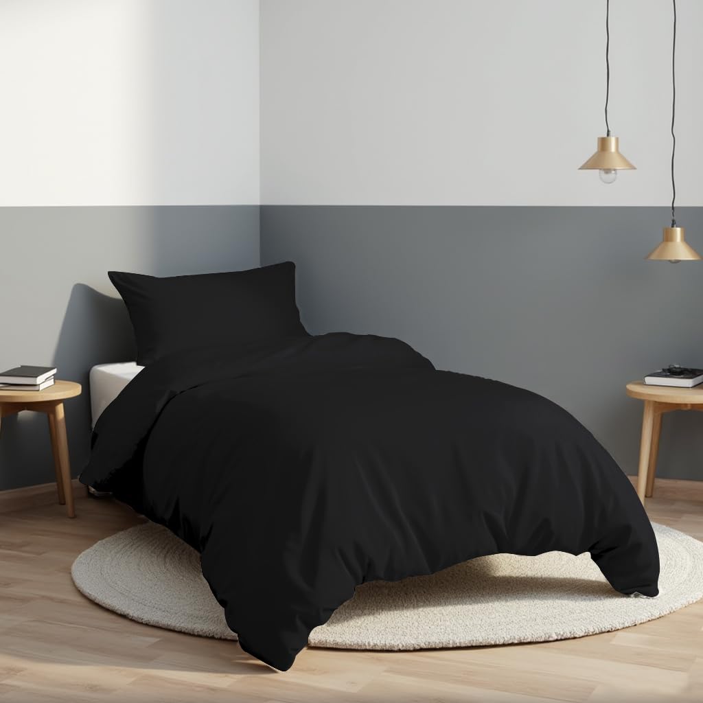LivinEase Brushed Microfibre Single Duvet Cover Sets - 100 GSM Black Single Duvet Cover wi...