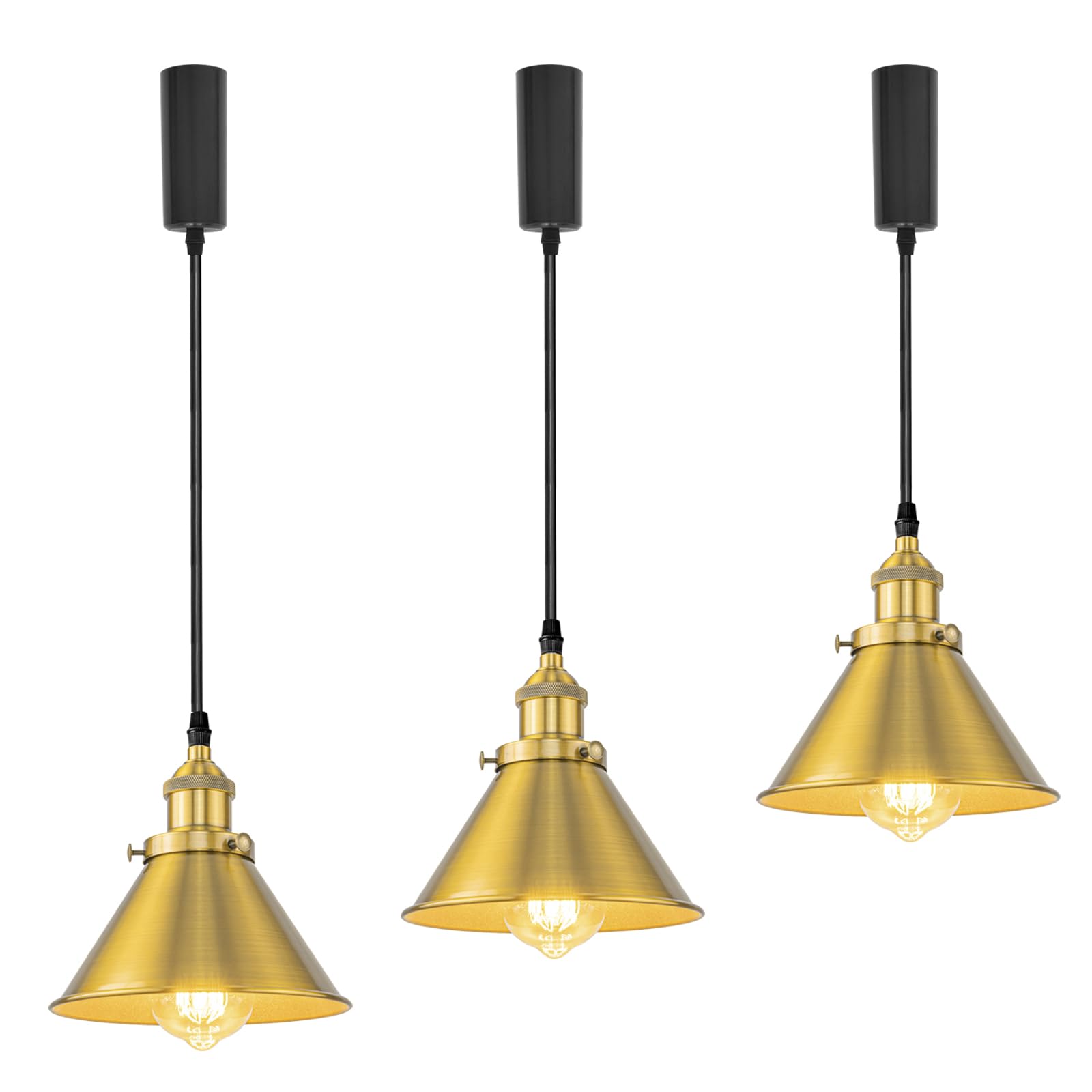 KAYYELAMP 3-Pack Adjusted Wire Length H-Type Track Hanging Light 3.9 Ft Black Cord E26 Base Gold Metal Pendant Light Fixture,Industrial Style Lamp for