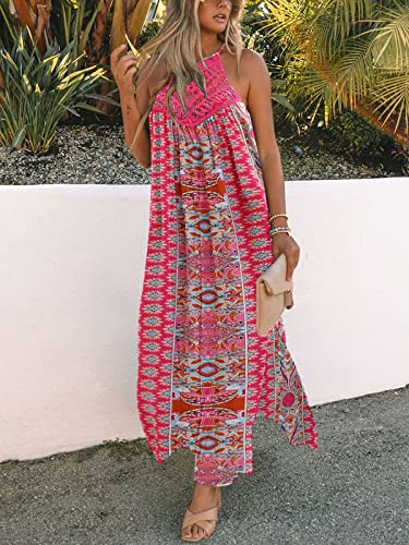 Image of FARORO Sleeveless Long Dress for Women Boho Halter Maxi Sundress Casual Loose Dresses Split Cover Up Gown with Pockets