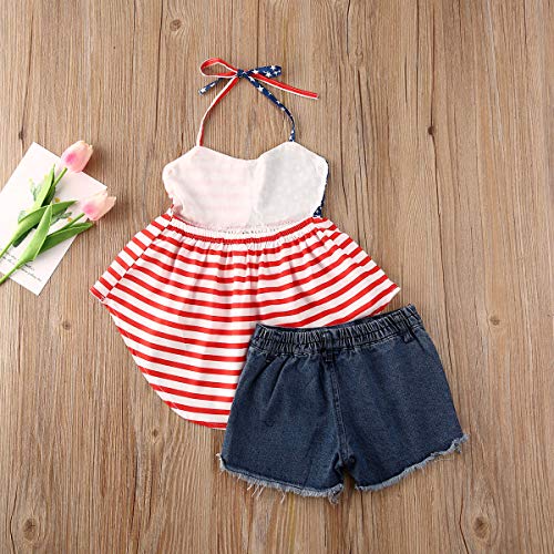 BULINGNA Kids Toddler Baby Girl 4th of July Outfit, USA Flag Halter Top Dress + Denim Shorts Summer Clothes Set (Striped, 4T/5T)