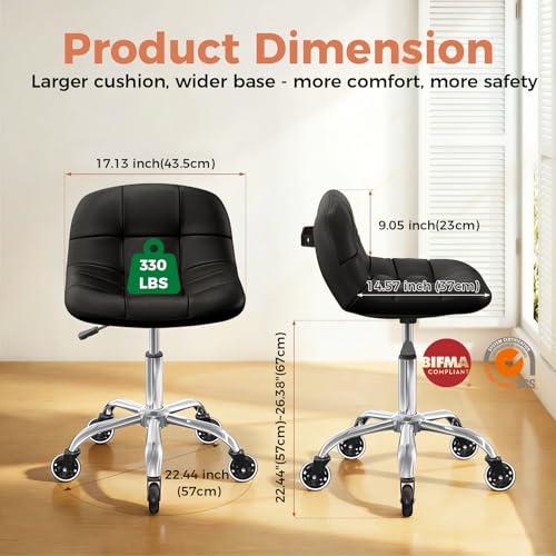 Image of Rolling Stool Chair with Wheels, Height Adjustable Stool with Back Support, Office Drafting Chair with PU Leather Cushion for Home Office Kitchen Vanity Salon Garage Tattoo Dentist Esthetician(Black)