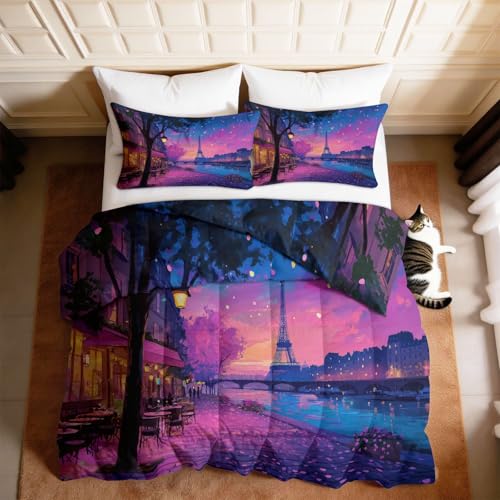 Edredón individual Torre Eiffel morado acolchado con funda de almohada 2