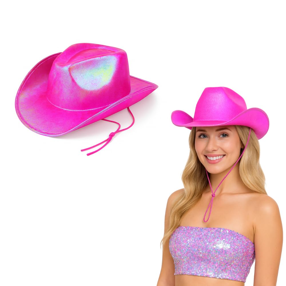 Lizzy 1 x Shiny Pink Cowboy Hat with Chin Cord | Eye-Catching Adult Fancy Dress Hat for Hen Nights, Parties & Festivals | Lightweight Costume Accessory – One Size Fits Most