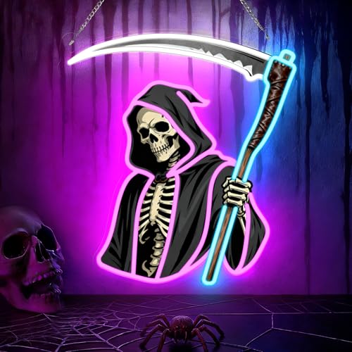 Image of Ammonite Grim Reaper Neon Sign, LED Death Scythe Night Light for Room Wall Table Decor Art, Home Party Birthday Halloween Xmas Birthday Gift for Kids Teens Adults
