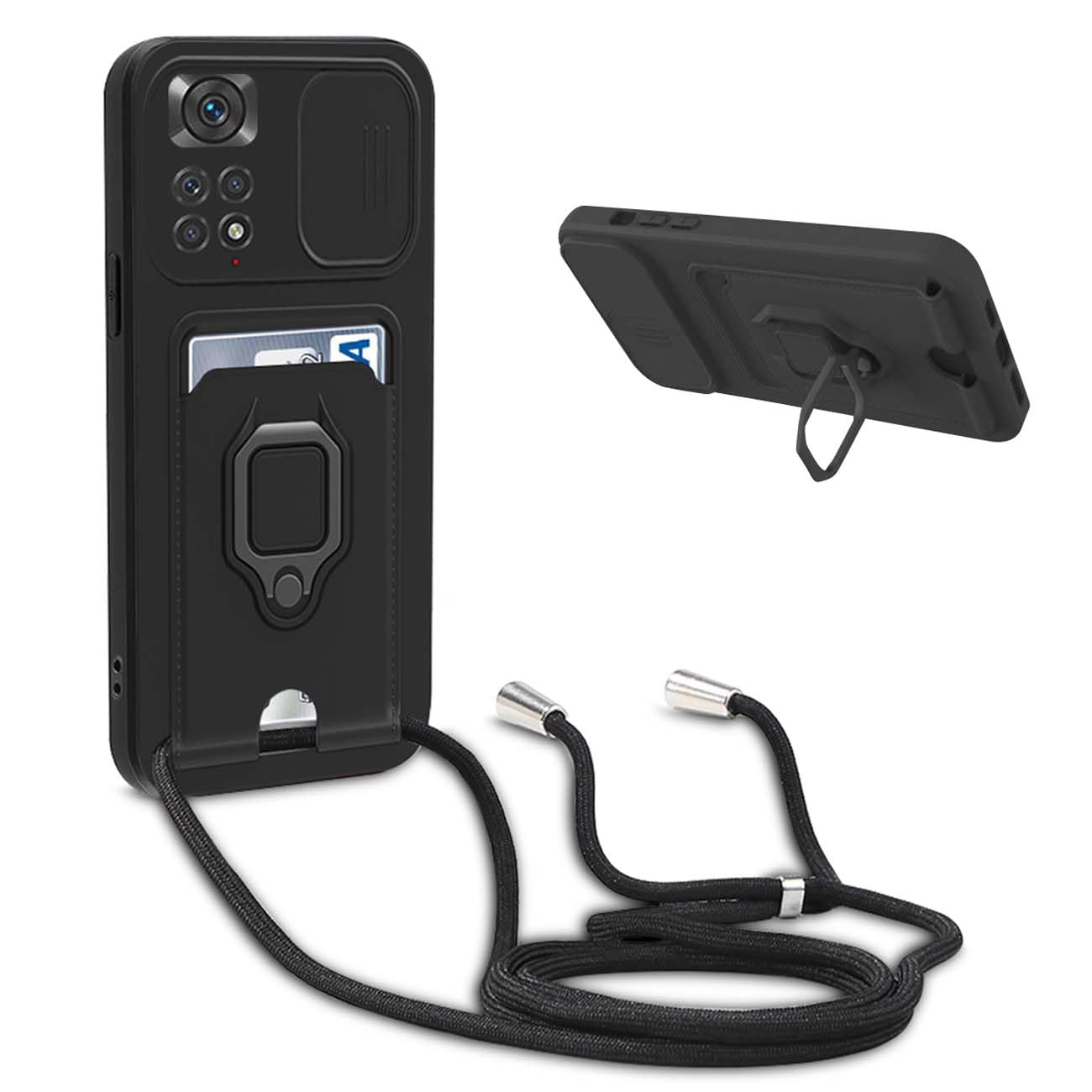 BGHHEU Cover con Cordino per Xiaomi Redmi Note 11/Redmi Note 11S 4G,Custodia con Collana Collo Silicone Antiurto Case,Protezione Fotocamera Slot Carte 360° Anello Supporto,Silicone Case,Nero