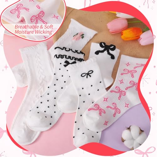 Image of Jspupifip 6 Pairs Lace Ruffle Frilly Crew Socks for Women Girls | Cotton Breathable Cute Princess Ankle Dress Lace Socks Thin Cool Casual Socks