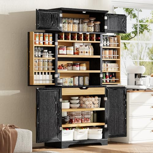 Image of Ball & Cast 78″Tall Farmhouse Kitchen Pantry Cabinet with 8 Door Shelves & 1 Large Drawers,Versatile Pantry Storage Cabinet w /4 Adjustable Shelves and 7 Wine Rack for Kitchen,Dining Room,Retro Black