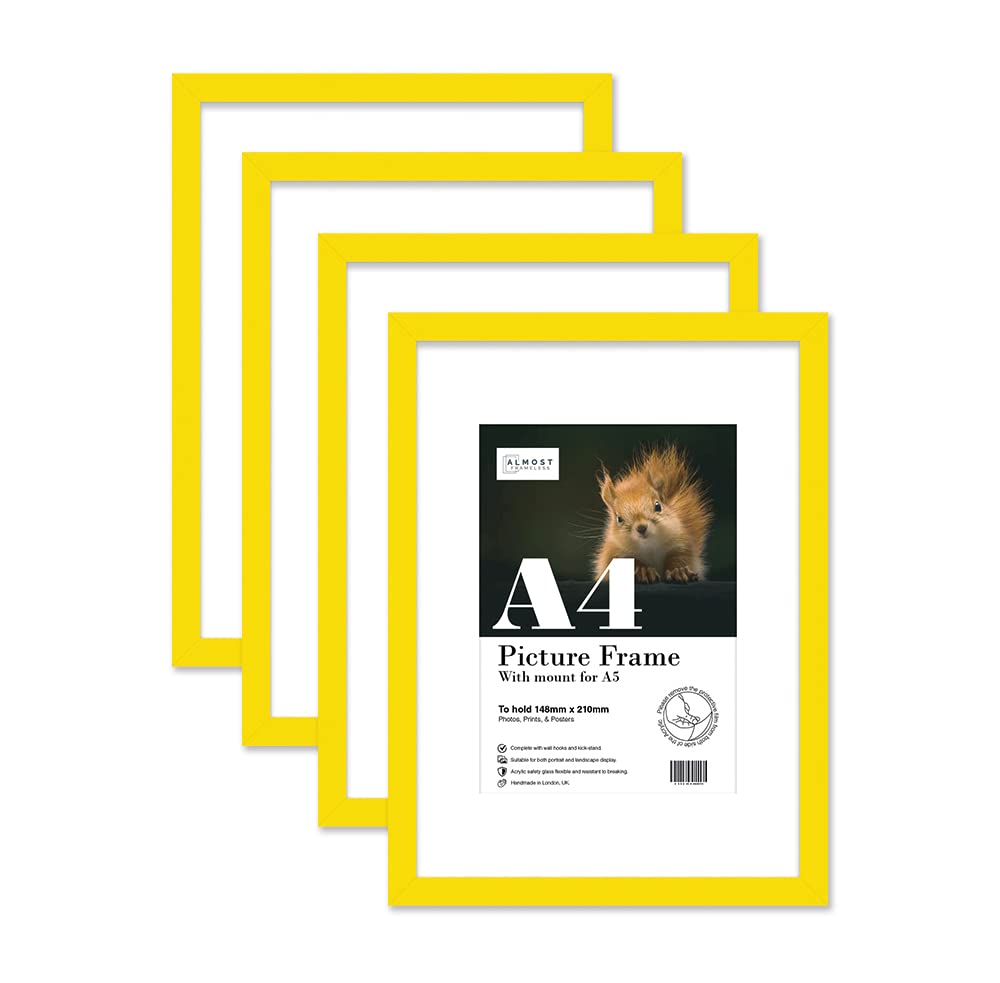 Almost Frameless A4 Yellow Picture Frame Set of 4, Display A5 Pictures with Mount or A5 Without Mount Gallery Wall, Poster, Photo, Artwork, or Print, Yellow — image 1