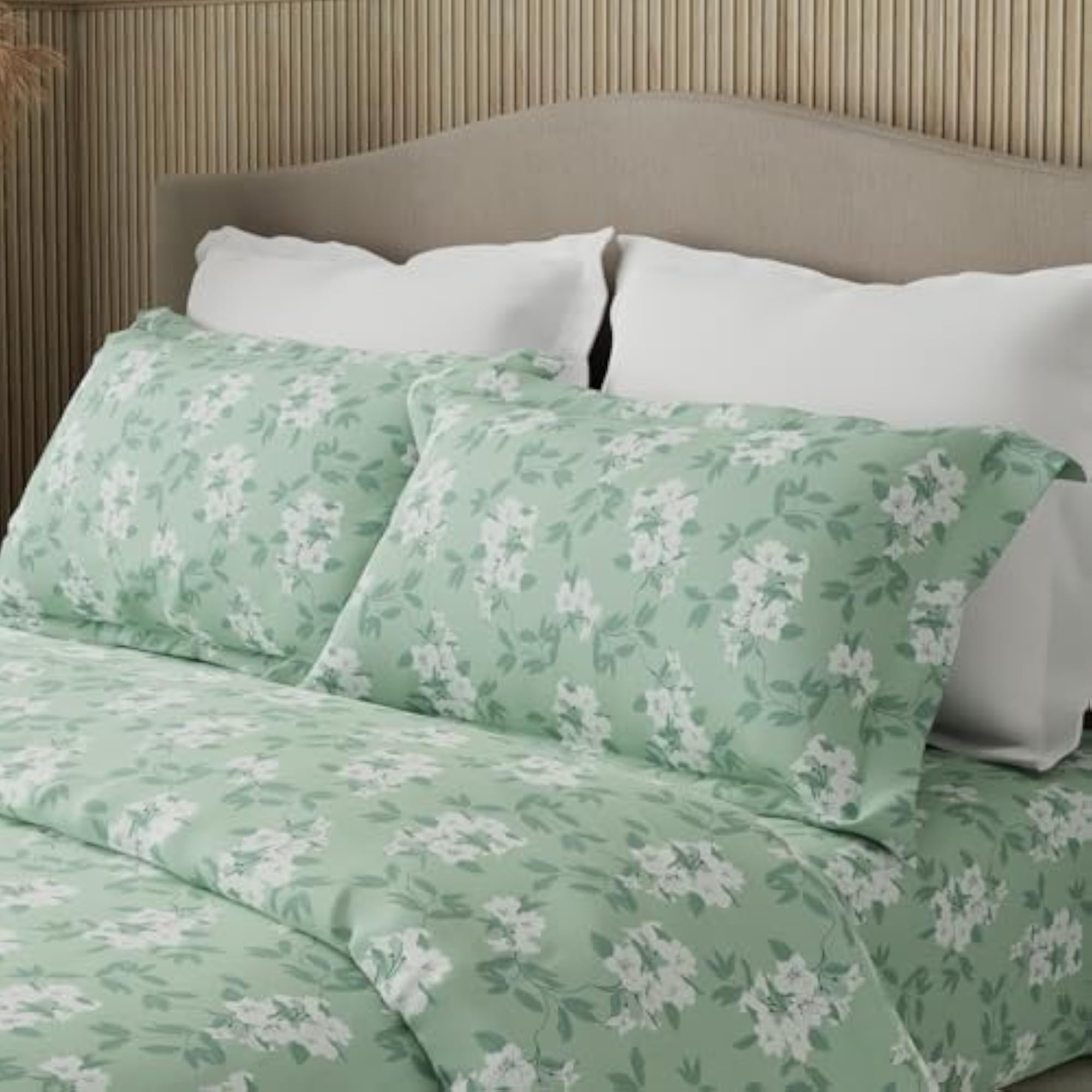 100% Cotton Green Floral King Bedsheet Set, Jasmine Fragrance