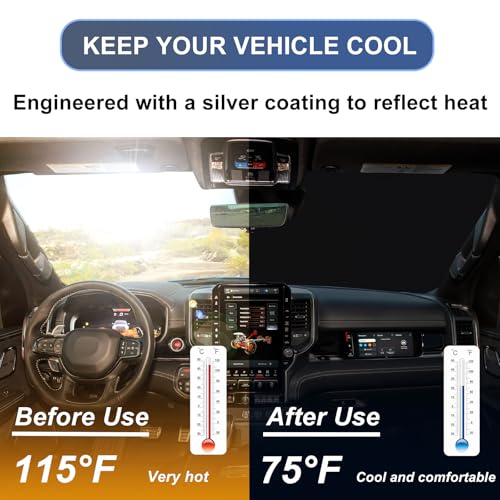 Image of Windshield Sun Shade Compatible with 2019-2026 Dodge RAM 1500, Custom Fit Foldable Sun Visor 310T UV Heat Block