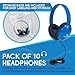 Egghead Heavy-Duty Kids' Headphones with Padded Ear Cups and 6' Cord, Adjustable Tangle-Free Plastic Classroom Headphones for Kids, Pack of 10, Blue