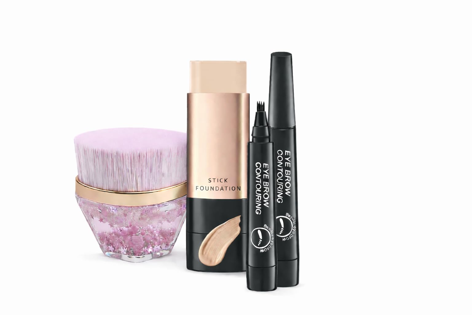 - 3-in-1 Makeup Set for Women – Stick Foundation, Eyebrow Contouring Pencil & Soft Fluffy Makeup Brush | Natural Finish, Easy Blend | Daily Use & Party Makeup Kit