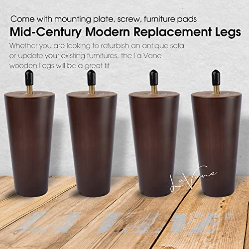La Vane 8 inch Solid Wood Furniture Legs (20cm), Walnut Finish Tapered Replacement Feet with M8 Thread & Mounting Plates - Image 2