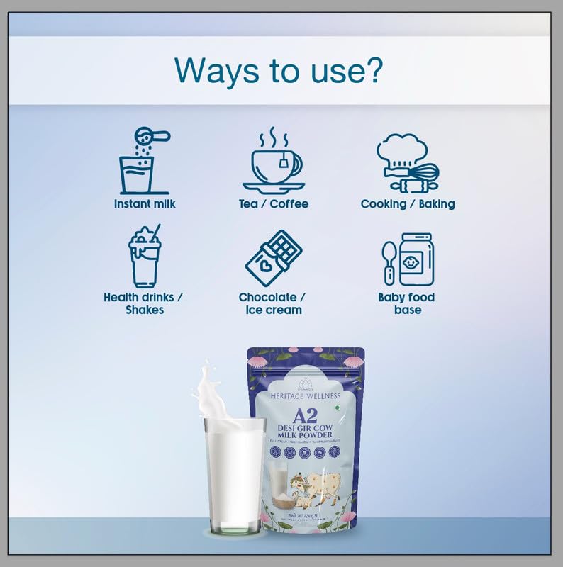 Image of Heritage Wellness A2 Gir Cow Milk Powder 100gm Pack - Premium A2 Gir Cow Milk Powder for Whole Milk Experience - Rich Full Cream - Ideal for Beverages - Nutrient-Rich and Delicious