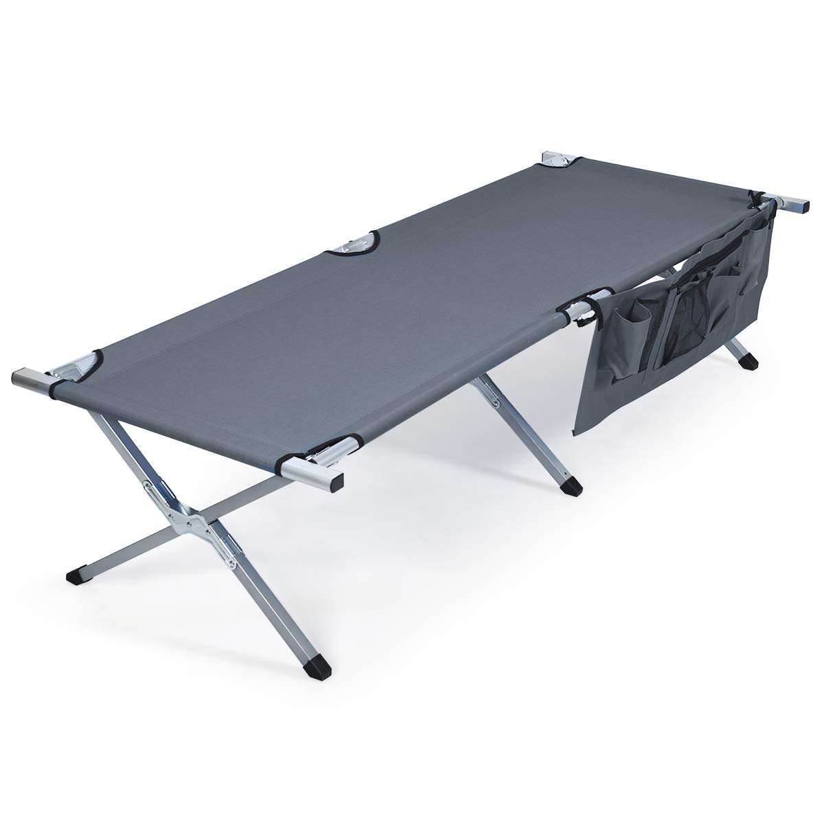 Photo 1 of Goplus Folding Camping Cot, Heavy-Duty Foldable Bed for Adults Kids W/Carry Bag, Side Pockets, 450 lbs (Max Load), Outdoor Portable Sleeping Cot for Traveling Grey