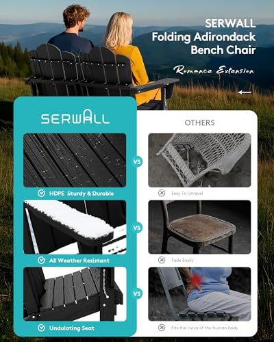 Image of SERWALL Folding Adirondack Bench, HDPE All-Weather Adirondack Loveseat, 660 lbs Capacity, Foldable Outdoor Patio Bench for Deck, Lawn, Garden, Black