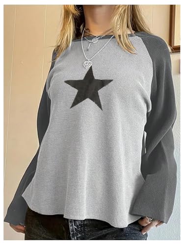 Image of MakeMeChic Girl's Star Print Color Block Crew Neck Long Sleeve Tee Shirt Y2K Tees Top Grey 16Y