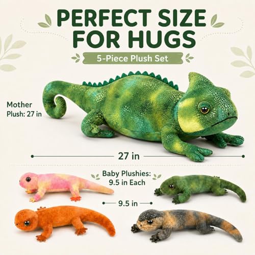 Image of Lizard Stuffed Animal with 4 Babies, 27 inch Chameleon Plush, Green