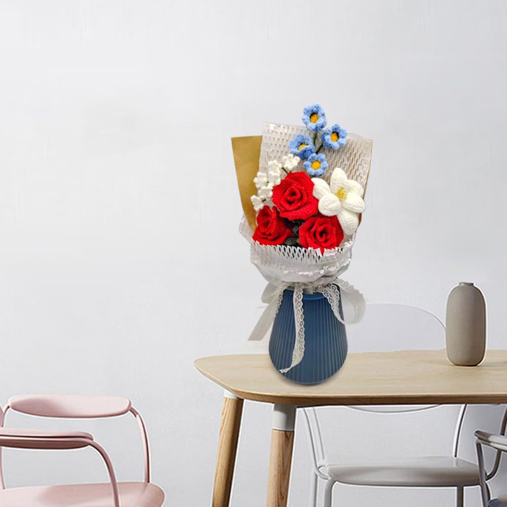 Crochet Flowers Crochet Bouquet Handmade Crochet Rose Bell Orchid Suitable Tulip Fern Leaf as a Gift for Lover, Family,Friends. Artificial Flower Finished Bouquet(red) - Image 5