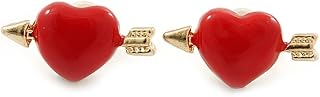 Pendientes de tuerca para niños, adolescentes y niños, esmaltados, color rojo, con diseño de corazón y flecha, chapados en oro, 16 mm de ancho, talla única, Metal