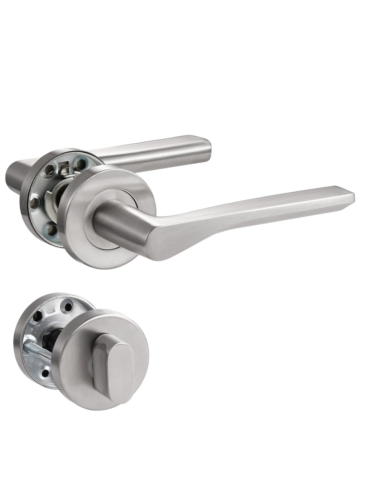 SORWDUERM Nickel Door Handle Set Matte Brushed Steel Door Lever for Front Door and Interior Door L Shape,WC, Round Rosette
