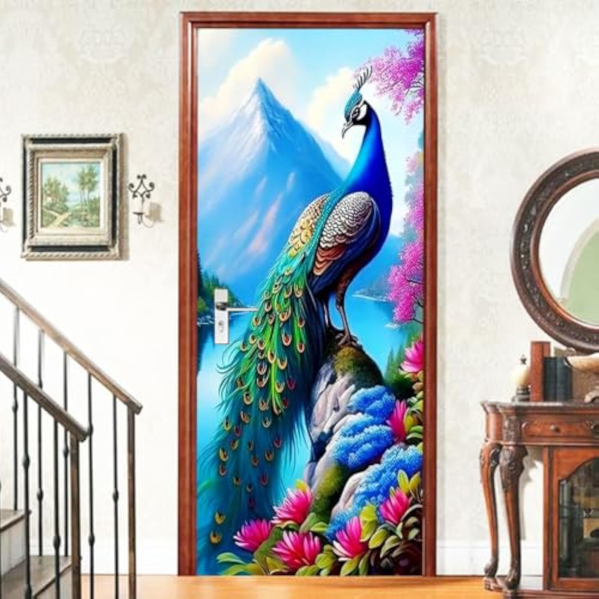 Peacock Door Mural Sticker, Colourful Nature Scenery