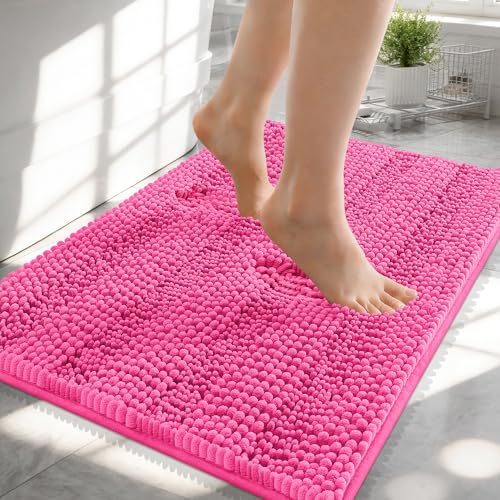 Image of OLANLY Thick Small Bathroom Rugs 24x16, Extra Soft Absorbent Chenille Striped Bath Rugs, Rubber Backing, Machine Wash, Bath Mats for Bathroom Floor, Tub and Shower, Home Decor Accessories, Hot Pink