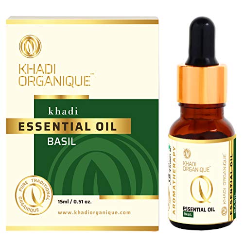 Image of Khadi Organique Basil Essential (Undiluted) Oil for Skin, Hair Growth & Stress Relief | 100% Pure Natural, Therapeutic Grade Aromatherapy Oil for Diffuser, Scalp Massage, Relaxation & Meditation - 15ml