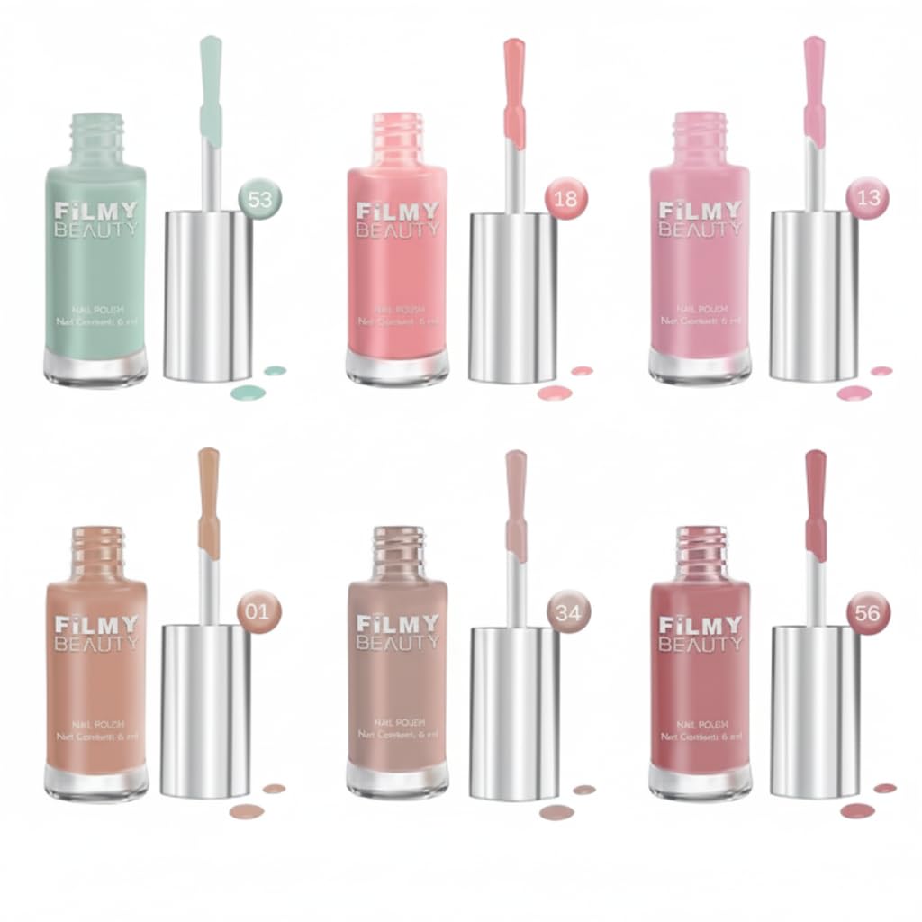 FILMY BEAUTY Nude Nail Polish | Natural and Skin‑Tone Shades | Glossy Quick‑Dry Finish | Long‑Lasting Chip‑Resistant (6 ml Each,Set of 6)